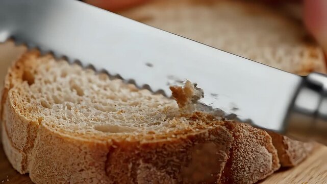 Closeup of a serrated knife slicing fresh bread on a wooden board.