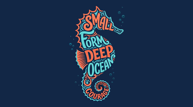 Whimsical seahorse illustration with inspirational text about courage in the deep ocean
