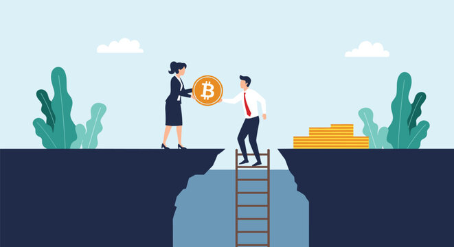 Businessman and businesswoman exchanging a giant bitcoin coin across a cliff gap using a ladder for connection and support in business.