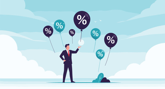 Businessman in a suit interacting with various black and blue percentage balloons to represent interest rates or market discounts on sales.