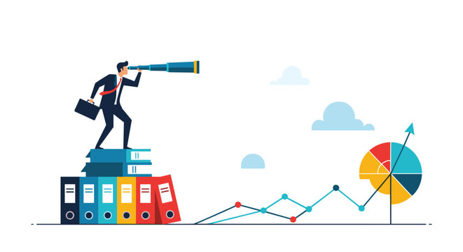 Businessman stands on a stack of office binders and uses a telescope to view a pie chart and a line graph representing future growth.