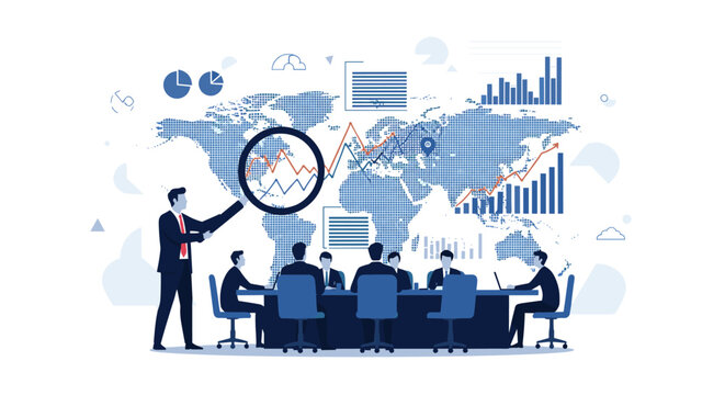 Business leader presents global market data charts using a magnifying glass to a group of professional colleagues in a meeting.