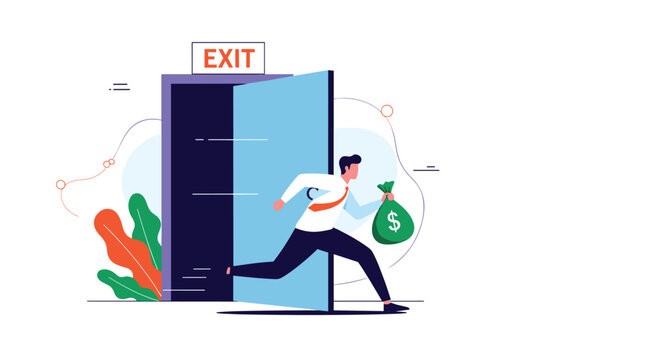 Businessman runs quickly out of a blue exit door while clutching a heavy green money bag representing a financial withdrawal.