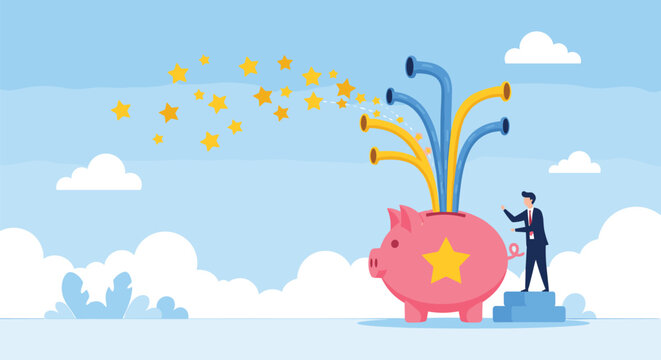 Businessman stands on steps next to a large pink piggy bank that has blue pipes shooting out a stream of golden stars.