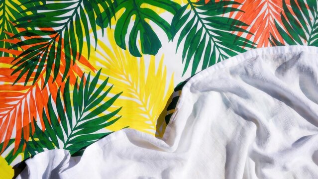 Tropical leaf print partially covered by crumpled white cloth