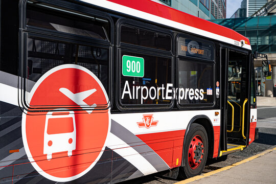Close up of TTC 900 Airport Express bus at Toronto Pearson International Airport. Toronto, Canada - April 23, 2026.