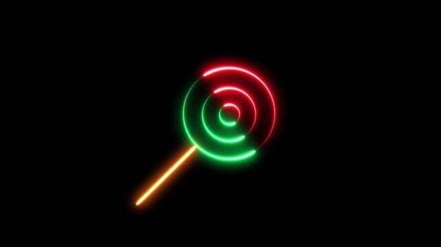 Abstract glowing neon lollipop shape with concentric circles and a bright orange stick on a black background, digital animation round light energy effect design