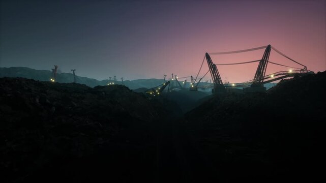Industrial Open Pit Mine With Large Dragline Excavators And Machinery At Sunset