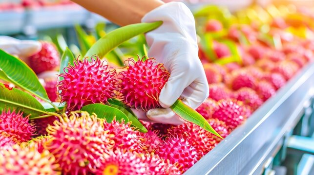 Hand in white glove gently picks bright pink rambutan fruits. Fruits sit on green leaves in colorful tray. Fresh produce looks ripe and ready for market. Ideal for food industry, health