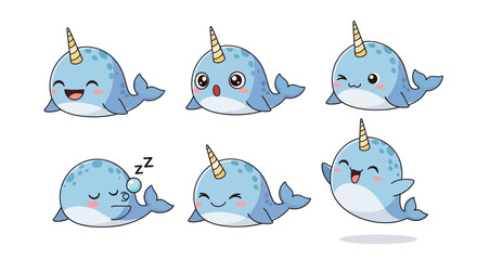 Cute Narwhal Characters Set: Happy, Winking, Sleeping, Excited © asepta