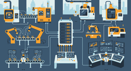 Smart Factory Industrial Automation with Robotic Arms and Data Monitoring in Modern Facility © MASKURI