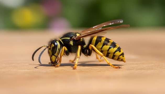 Detailed close-up of wasp hunting for food on a wooden surface, illustrating summer insect control and pest management concept for home protection and outdoor safety
