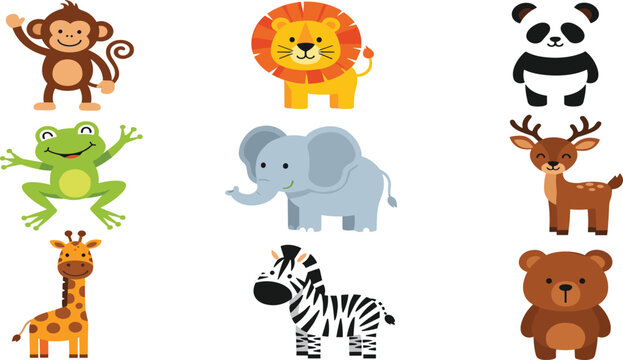 Cute Cartoon Animal Collection Featuring Monkey, Lion, Panda, Frog, Elephant, Deer, Giraffe, Zebra, and Bear in Flat Vector Style for Kids Design.