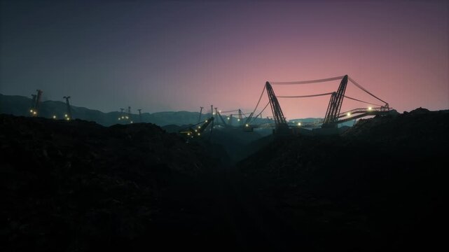 Industrial Open Pit Mine With Large Dragline Excavators And Machinery At Sunset