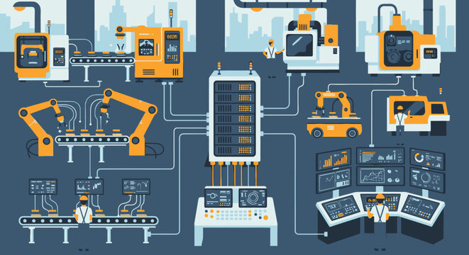 Smart Factory Industrial Automation with Robotic Arms and Data Monitoring in Modern Facility