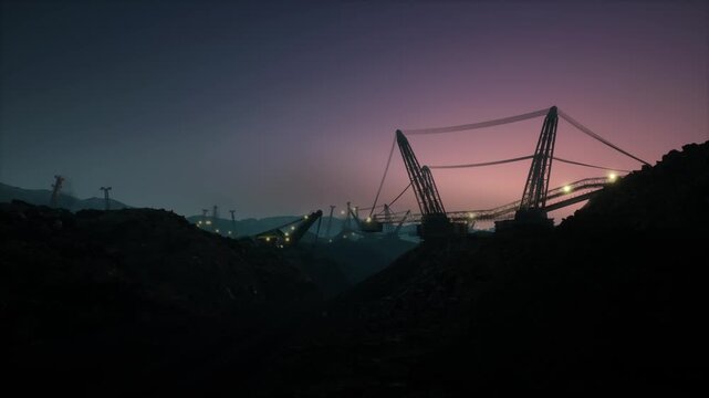 Industrial Open Pit Mine With Large Dragline Excavators And Machinery At Sunset