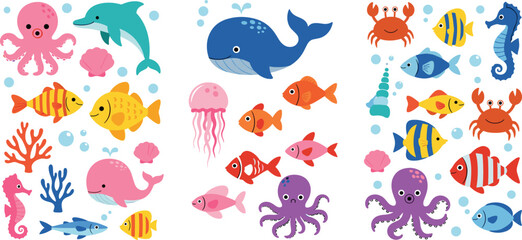 Colorful ocean animals set with fish, whale, dolphin, octopus, crab and jellyfish, cute marine life collection cartoon vector illustration isolated on white © MdNazmul
