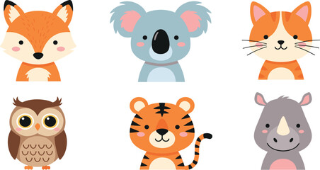 Cute Cartoon Animal Face Collection Featuring Fox, Koala, Cat, Owl, Tiger, and Rhino in Adorable Flat Vector Style for Kids Nursery Design. © MdNazmul
