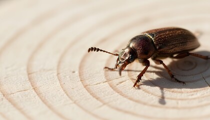 Obraz premium Horizontal color image of beetle bug crawling on a wood stump representing a pest control and infestation management concept for combating summer insects in garden