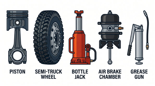 A comprehensive collection of essential mechanical components and robust tools vital for heavy vehicle and automotive maintenance, depicting critical engineering functions and service equipment