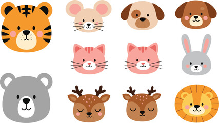 Fototapeta premium Cute Cartoon Animal Face Collection Featuring Tiger, Mouse, Dog, Cat, Rabbit, Bear, Deer, and Lion in Flat Vector Style for Kids Design.