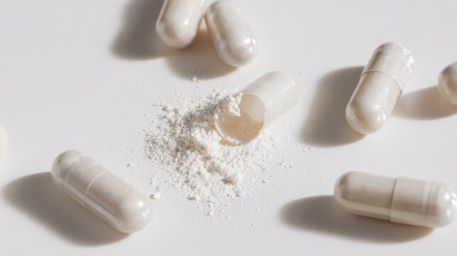 White supplement capsules and spilled powder on a clean, neutral background