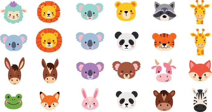 Cute animal faces collection with lion, koala, panda, fox, giraffe and zebra, adorable cartoon wildlife characters vector set isolated on white background