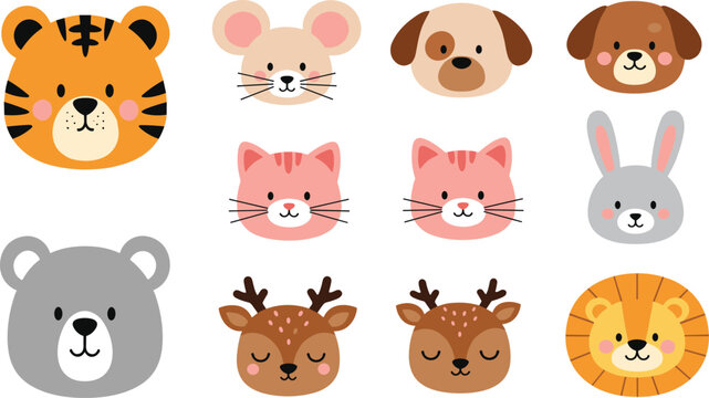 Cute Cartoon Animal Face Collection Featuring Tiger, Mouse, Dog, Cat, Rabbit, Bear, Deer, and Lion in Flat Vector Style for Kids Design.