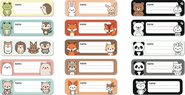 Cute animal name tags cartoon set with school labels and kawaii pet characters vector illustration