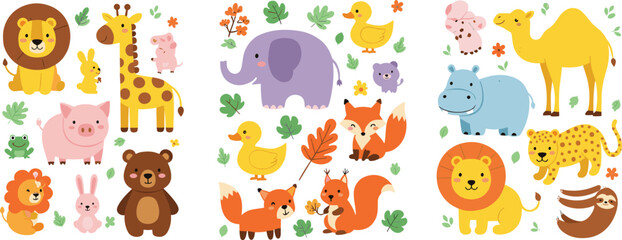 Fototapeta premium Cute cartoon animal collection with jungle and farm animals, colorful kids characters including lion, elephant, fox, giraffe, camel and bear vector illustration