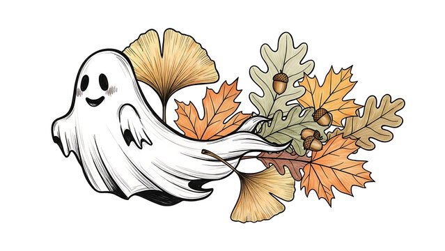 White ghost with autumn leaves, isolated on a transparent background