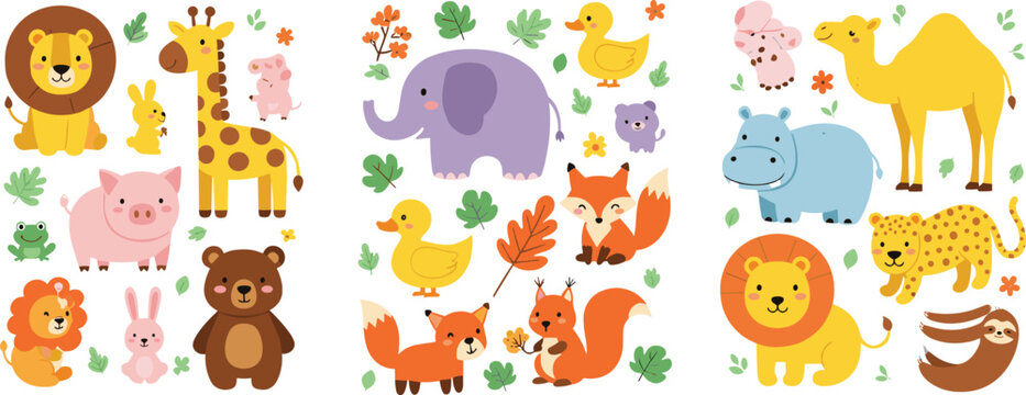 Cute cartoon animal collection with jungle and farm animals, colorful kids characters including lion, elephant, fox, giraffe, camel and bear vector illustration