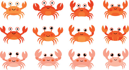 Cute cartoon crab characters set with different expressions and poses, colorful sea animals collection, adorable marine vector illustration isolated on white background © MdNazmul