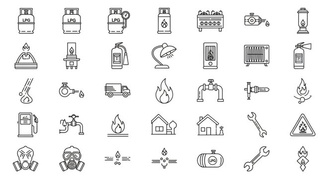 Collection of various gas-related icons and symbols for safety and industry.