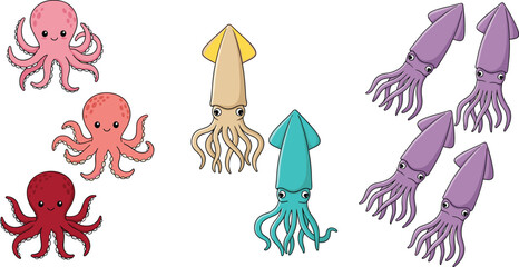 Cute cartoon octopus and squid characters set, colorful marine animals collection with funny expressions, underwater sea creatures vector illustration isolated on white © MdNazmul