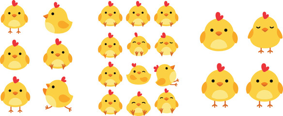 Fototapeta premium Cute chick cartoon set with baby chicken characters and funny kawaii birds vector illustration