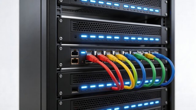 Server rack with colorful network cables