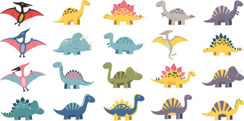 Cute dinosaur collection with different species including stegosaurus, triceratops and pterodactyl, colorful cartoon prehistoric animals vector illustration set isolated on white © MdNazmul