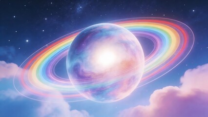 Fototapeta premium Colorful planet with rainbow rings in space