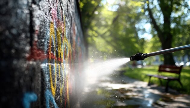 A worker power washes graffiti off a concrete wall in an outdoor park