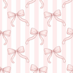 Seamless pink bow striped pattern, cute pastel ribbon background with vertical stripes for nursery textile fabric wallpaper wrapping paper surface design. © opart