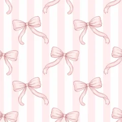 Seamless pink bow striped pattern, cute pastel ribbon background with vertical stripes for nursery textile fabric wallpaper wrapping paper surface design. © opart