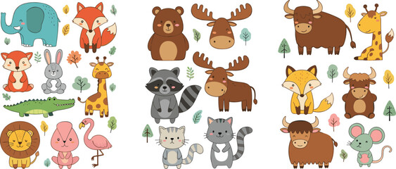 Obraz premium Cute forest and wild animals collection with fox, bear, raccoon, moose, giraffe and buffalo, adorable cartoon wildlife vector illustration set isolated on white