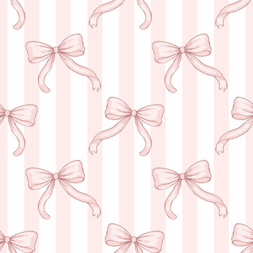 Seamless pink bow striped pattern, cute pastel ribbon background with vertical stripes for nursery textile fabric wallpaper wrapping paper surface design.