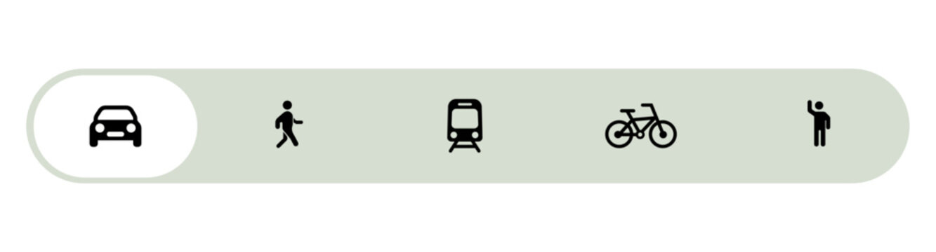 Transport mode selector UI with car walking train bicycle ride icons minimal navigation interface