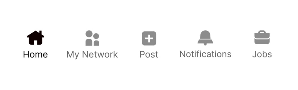 Bottom navigation bar UI with home network post notifications jobs icons minimal app interface