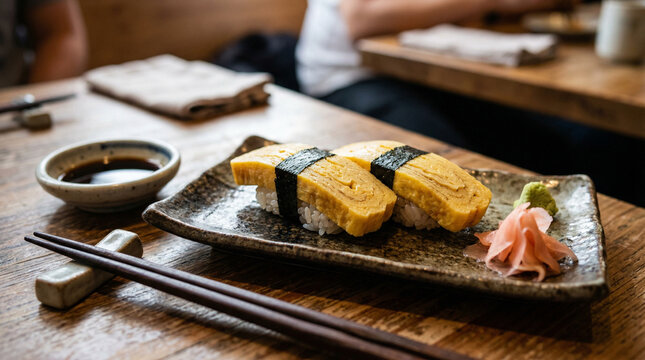 Japanese tamago sushi egg omelet nigiri on plate 