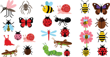 Cute insects cartoon set with butterfly bee ladybug snail and garden bugs vector illustration © MdNazmul