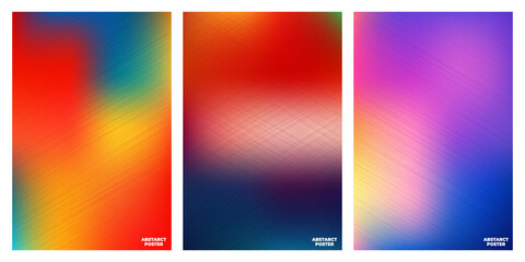 Obraz premium Abstract poster design template set featuring vibrant mesh gradients and textured crosshatch patterns for modern creative visual projects.