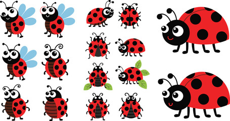 Cute ladybug cartoon set with funny kawaii insects and red spotted bugs vector illustration © MdNazmul